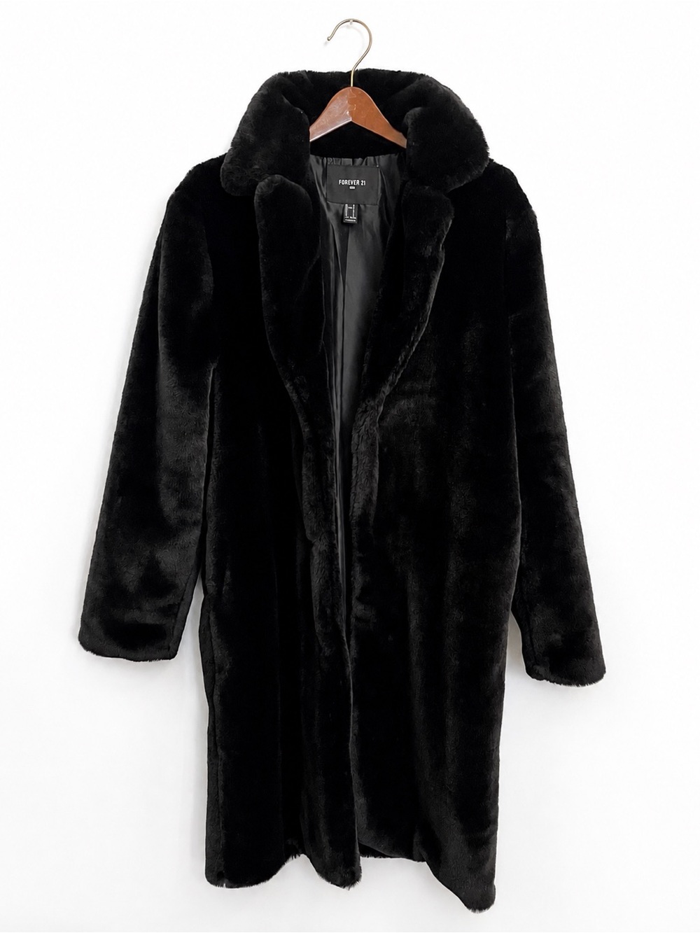 Forever 21 Coat Mens Faux Fur Black Small Long Plush Relaxed Fit Lined Winter